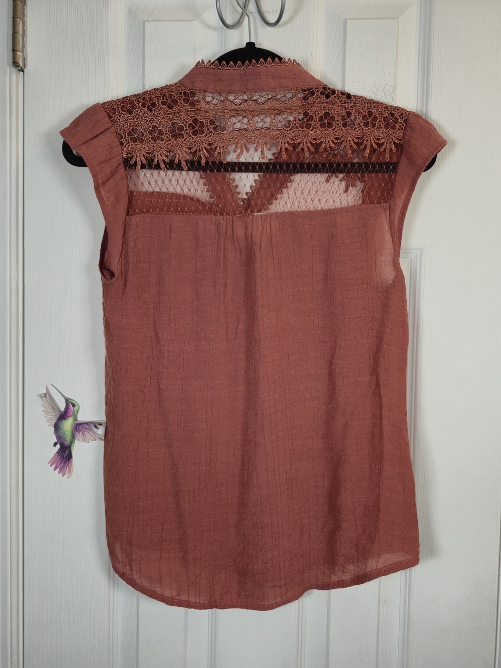 Sweet Wanderer Rose Clay Boho Crochet Lace Mesh Yoke Gauze Blouse Size M - Picture 2 of 6